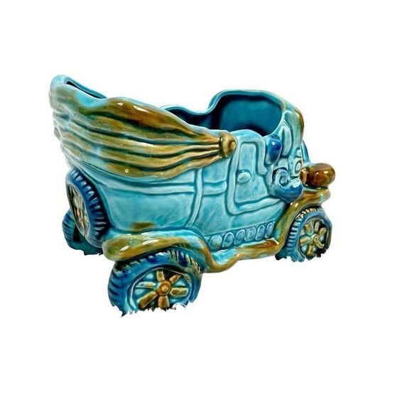 Vintage Rubens Blue Car Buggy Planter Japan Ceramic Footed Retro Whimical Decor - Picture 5 of 10